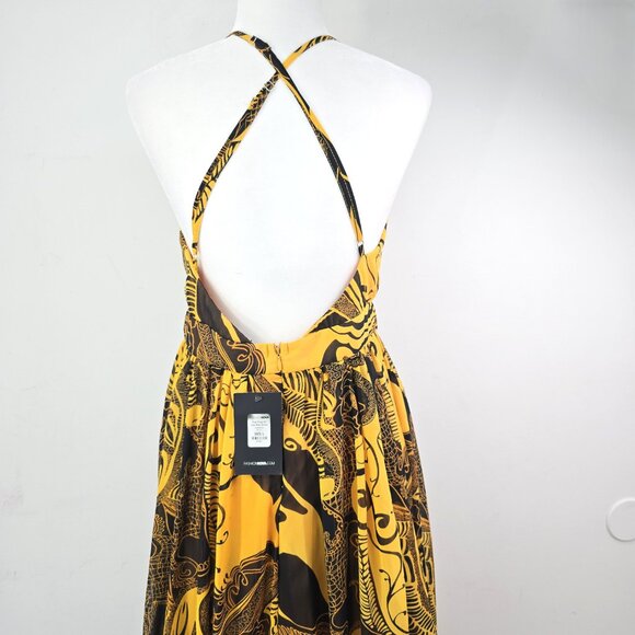 NWT Fashion Nova Yellow Black That Time of Day Deep V Maxi Flowy LOw Back Dress - Picture 8 of 11